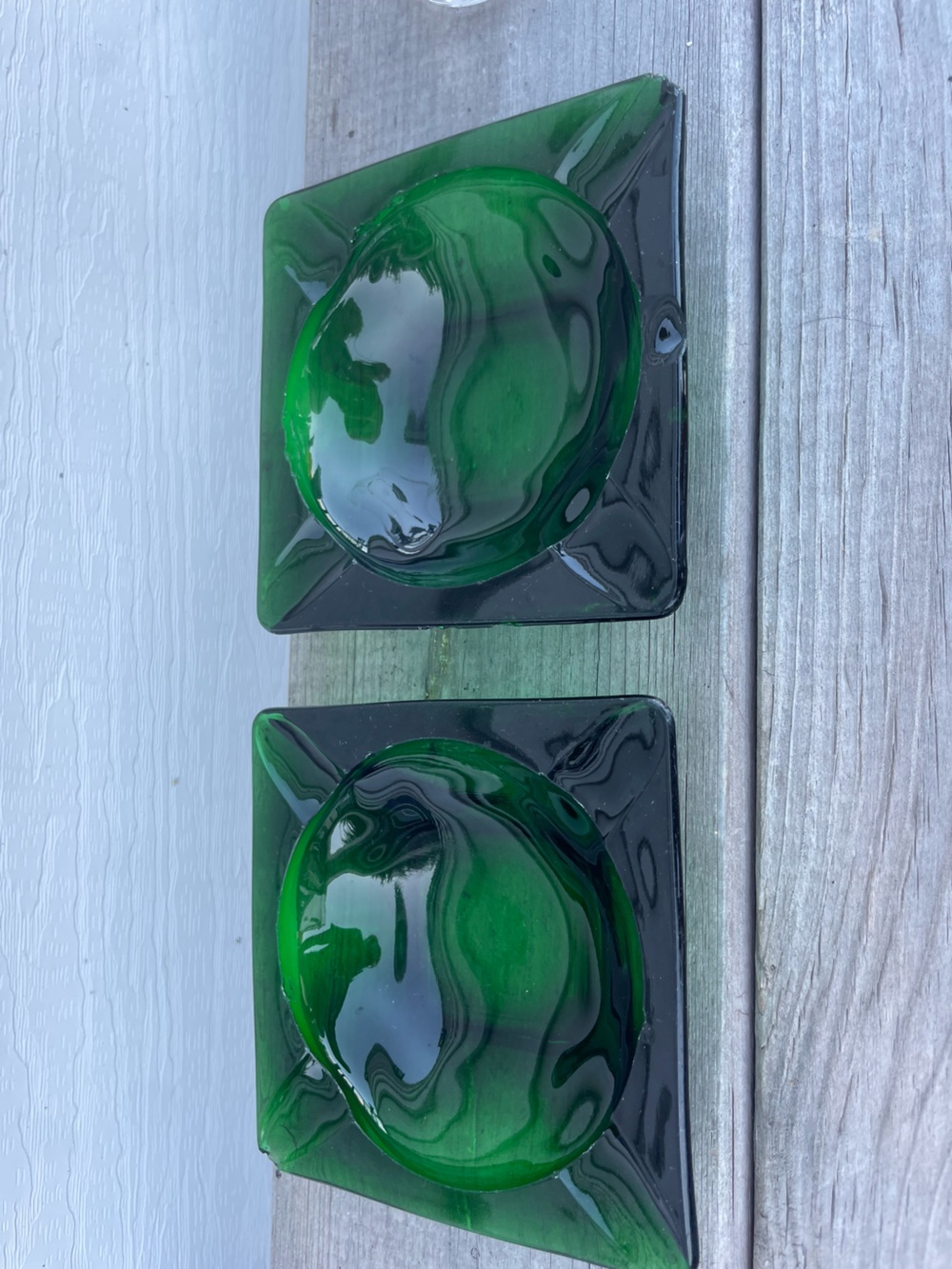 Vintage 2 Emerald Green Heavy Glass Ashtray, 1960's